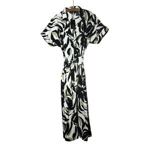 NWT Fred David White Black Green Floral Leaf Adjustable Belted Dress Size Medium